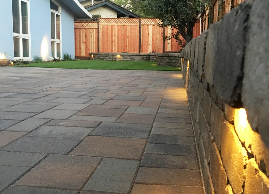 Decorative concrete patio with integrated lighting in Pittsburg, CA